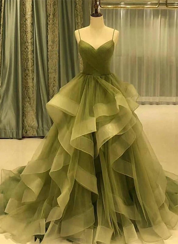 Green Tulle Formal Gown Prom Party Dress, Layers Long Evening Gown