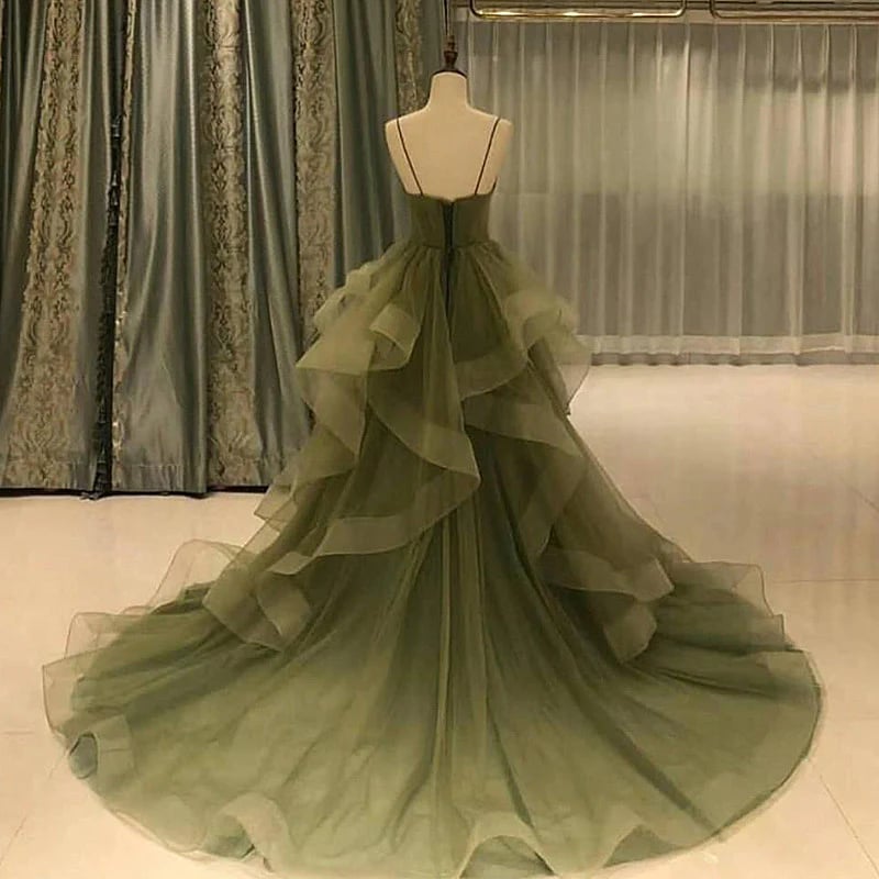 Green Tulle Formal Gown Prom Party Dress, Layers Long Evening Gown