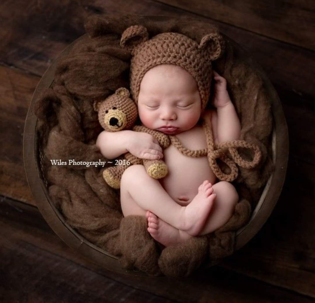 Image of Crochet Teddy Bear Hat and Toy Set For Newborn Photo Sessions Photography Prop Bear Toy Set Animal 