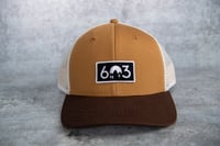 Image 1 of 603 - Tan/Brown Trucker Hat - low crown / structured hat 