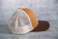 Image 3 of 603 - Tan/Brown Trucker Hat - low crown / structured hat 