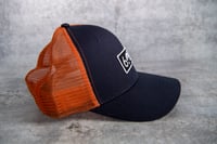 Image 2 of 603 - Navy/Orange Trucker Hat - low crown / structured hat 
