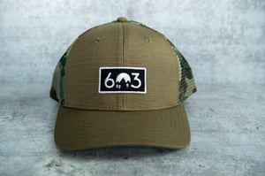 Image of 603 - Green/Camo Trucker Hat - low crown / structured hat 