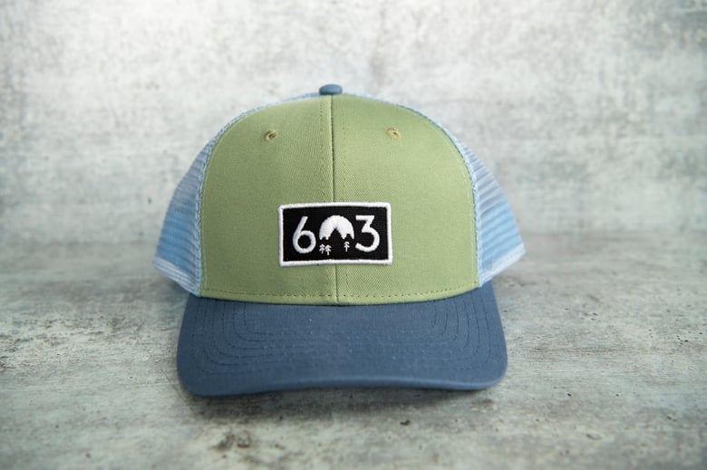 Image of 603 - Blue/Green Trucker Hat - low crown / structured hat 