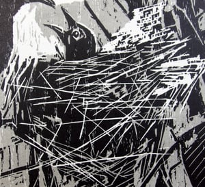 Image of Original woodcut of a honeyeater feeding its young ('Hidden Beauty')