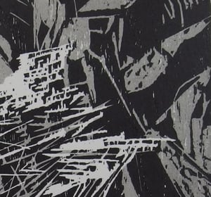 Image of Original woodcut of a honeyeater feeding its young ('Hidden Beauty')