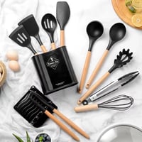 Silicone Cooking Utensils Set Non-Stick Spatula Shovel Wooden Handle Cooking Tools Set With Storage 