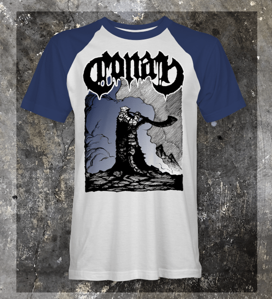 Image of Horn Blower T Shirt White Body / Royal Blue Sleeves