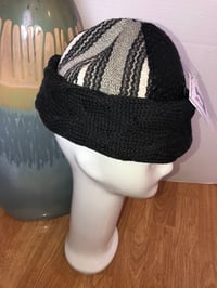 Image 2 of H.O.D. Knitted Brim Hat, Woven Stripe & Leather Crown W/ Charcoal Heavy Cable Knit   