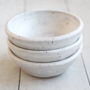 Image of Set of Three Matte White Speckled Stoneware Pottery Prep Bowls Made in USA