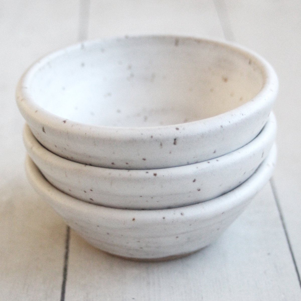 Andover Pottery — Three Small Rustic Prep Bowls in Speckled Stoneware and  White Blush Blue Glaze Made in USA