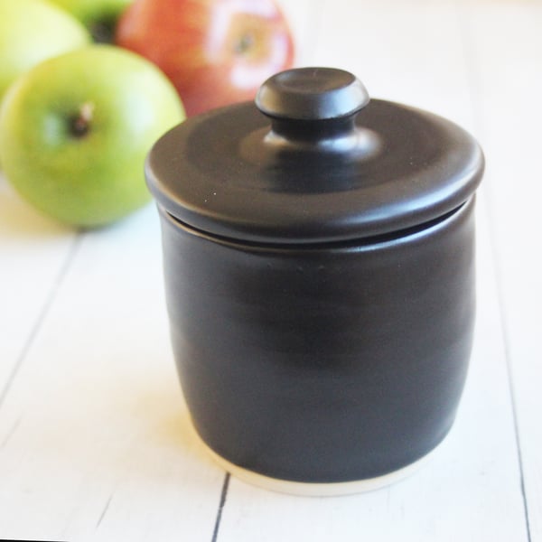 Image of Reserved for Emily, Satin Black Covered Jar, Ceramic Crock, Handcrafted, Made in USA