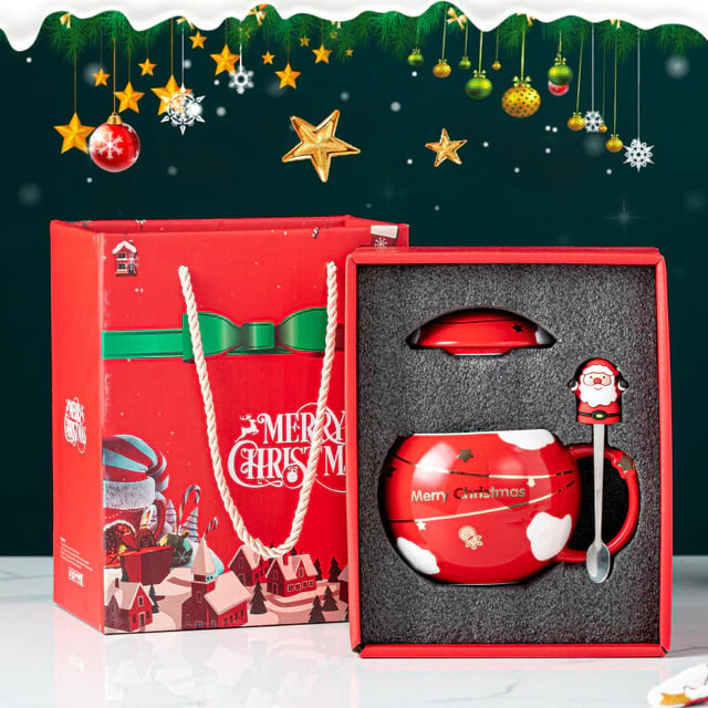 Image of Christmas ceramic mug with an lid and a spoon 