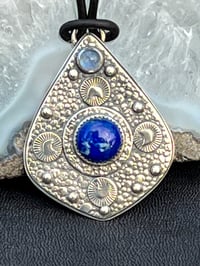 Image 1 of  Night Shift ~  Sterling Silver, Lapis Lazuli and Moonstone Pendant on Black Leather Necklace