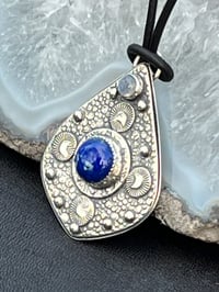 Image 3 of  Night Shift ~  Sterling Silver, Lapis Lazuli and Moonstone Pendant on Black Leather Necklace