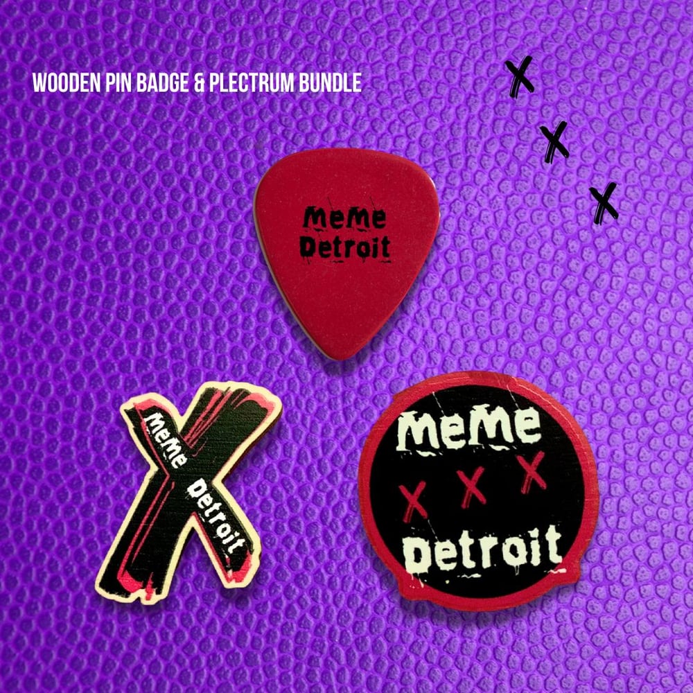 Image of Wooden Pin Badge & Plectrum Bundle