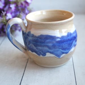 Image of Handmade Blue and Oatmeal White Stoneware Mug, Coffee Cup 14 oz., Made in USA