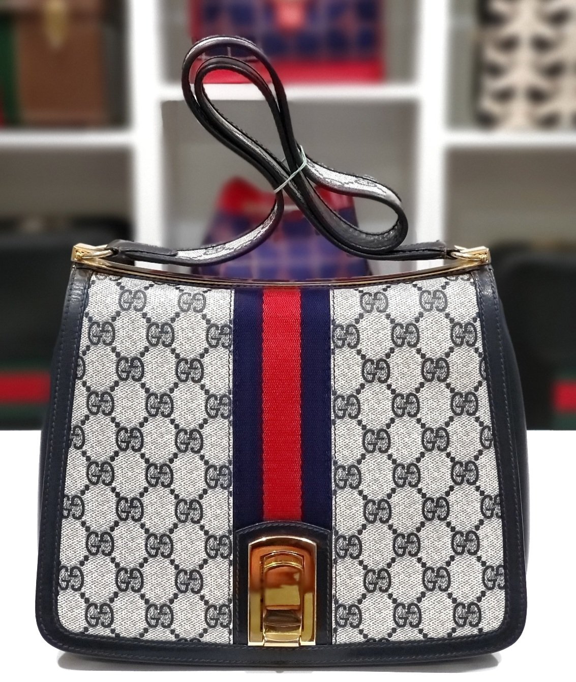 VINTAGE GUCCI FINDS — Vtg. Gucci Blue Monogram Shoulder Bag