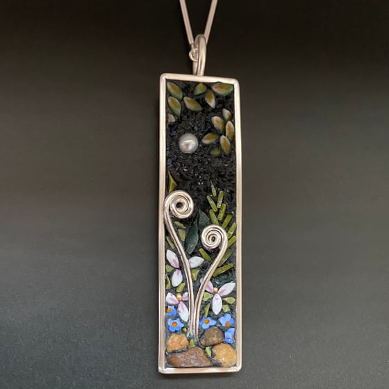 Image of Night garden Pendant with Fiddleheads, Trillium and Forget-Me-Nots