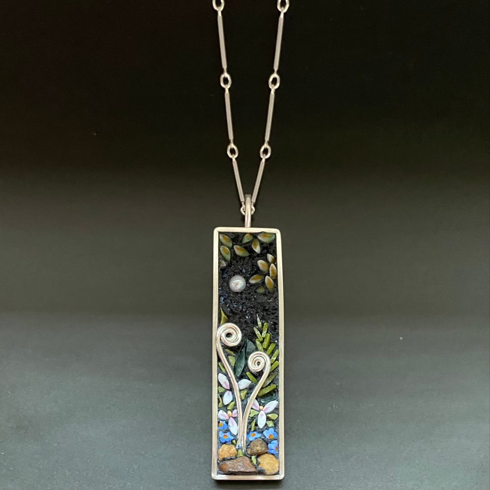 Image of Night garden Pendant with Fiddleheads, Trillium and Forget-Me-Nots