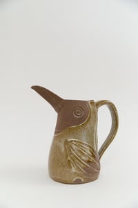 Image 1 of Large Dark Brown Olive Glazed Family Sized Toucan Pitcher