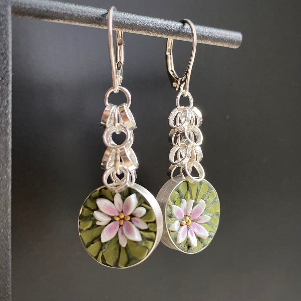 Image of White Lotus on Lily pad Earrings