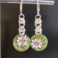 Image 2 of White Lotus on Lily pad Earrings