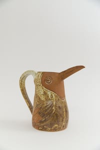 Image 2 of Large Matte Yellow Iron Speckled Toucan Family Pitcher