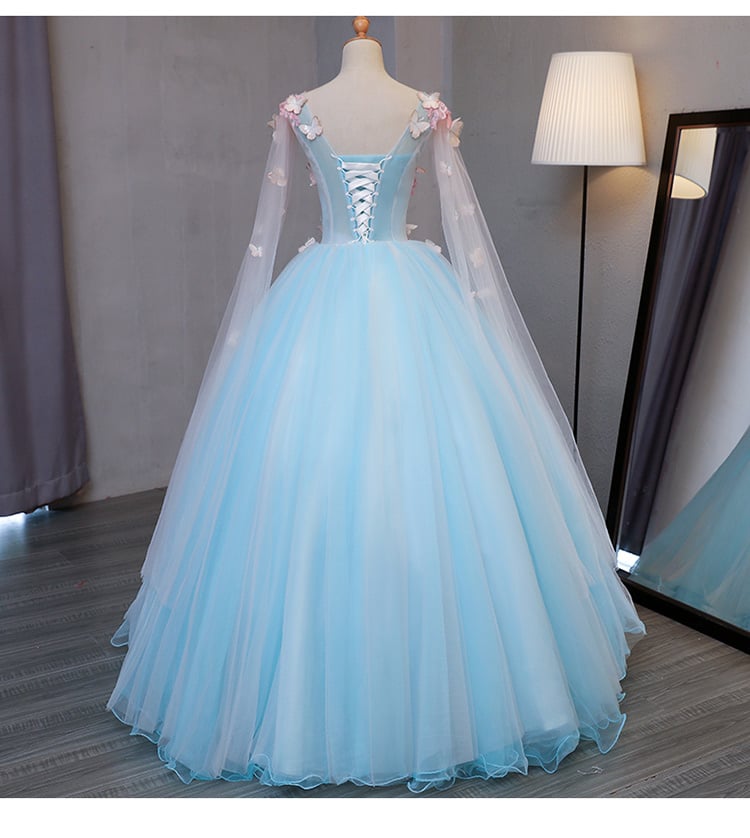 Blue Puffy Ball Gown Tulle Sweet 16 Dress with Lace, Blue Prom Dress