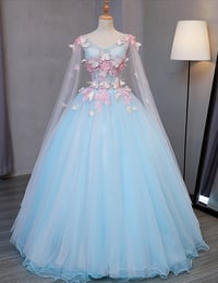 Image 1 of Blue Puffy Ball Gown Tulle Sweet 16 Dress with Lace, Blue Prom Dress