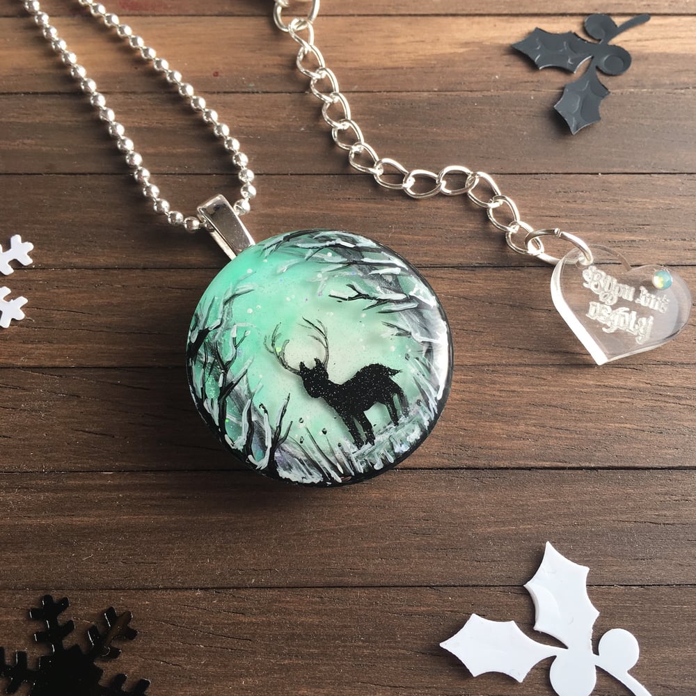 Stag in Winter Forest Resin Pendant