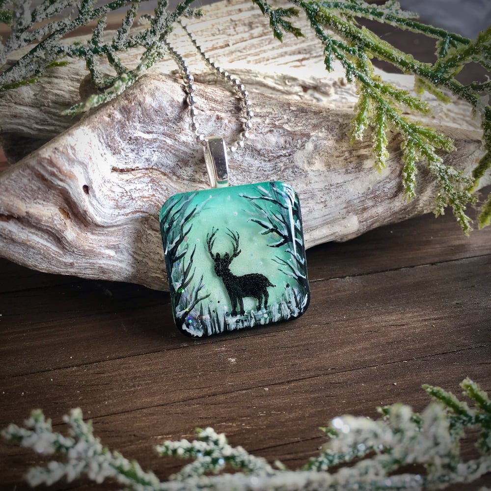 Stag in Winter Forest Resin Pendant