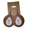 Brown round leather earrings w/cross