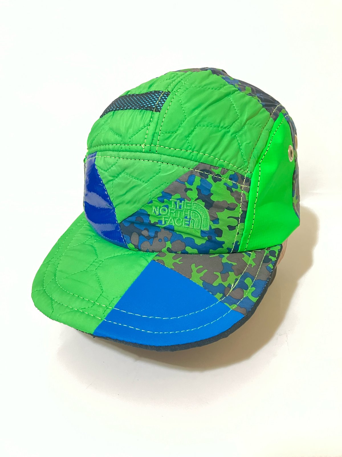 Neon Camo Reflective Blue/Green North Face Upcycle Quilted Brim