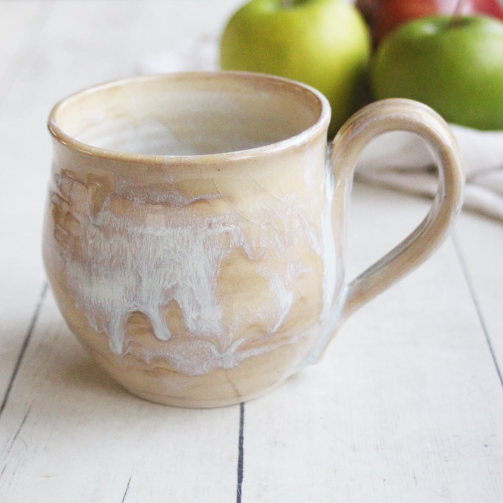 Image of Pottery Mug in Dripping White and Ocher Glaze, 15 oz, Handcrafted Stoneware Coffee Cup, Made in USA