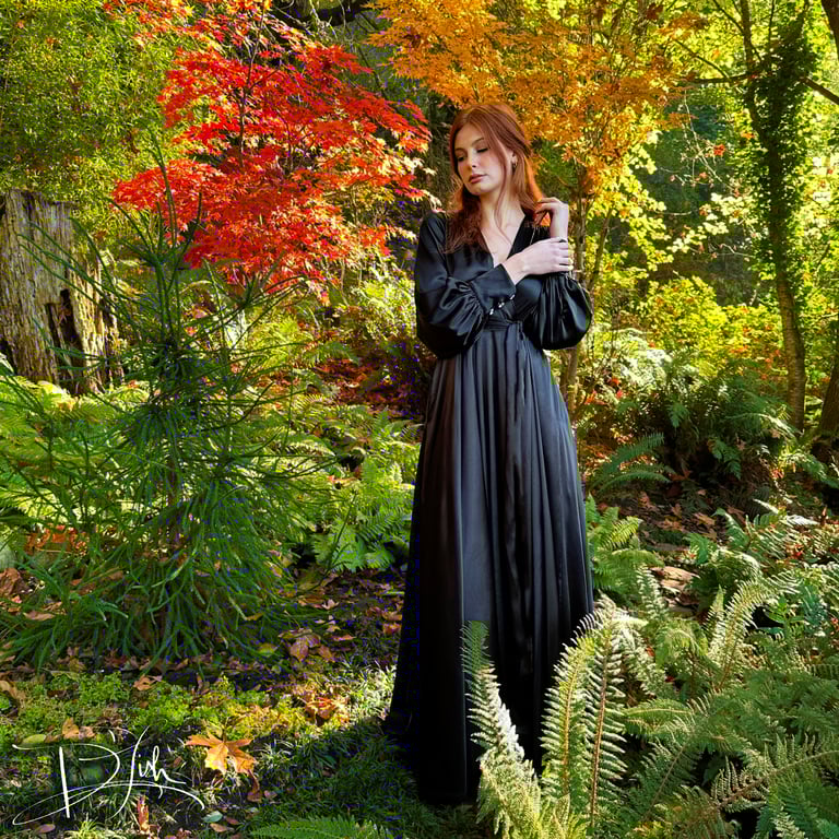 Black "Beverly" Dressing Gown w/  Crystal Buttons PRE-ORDER