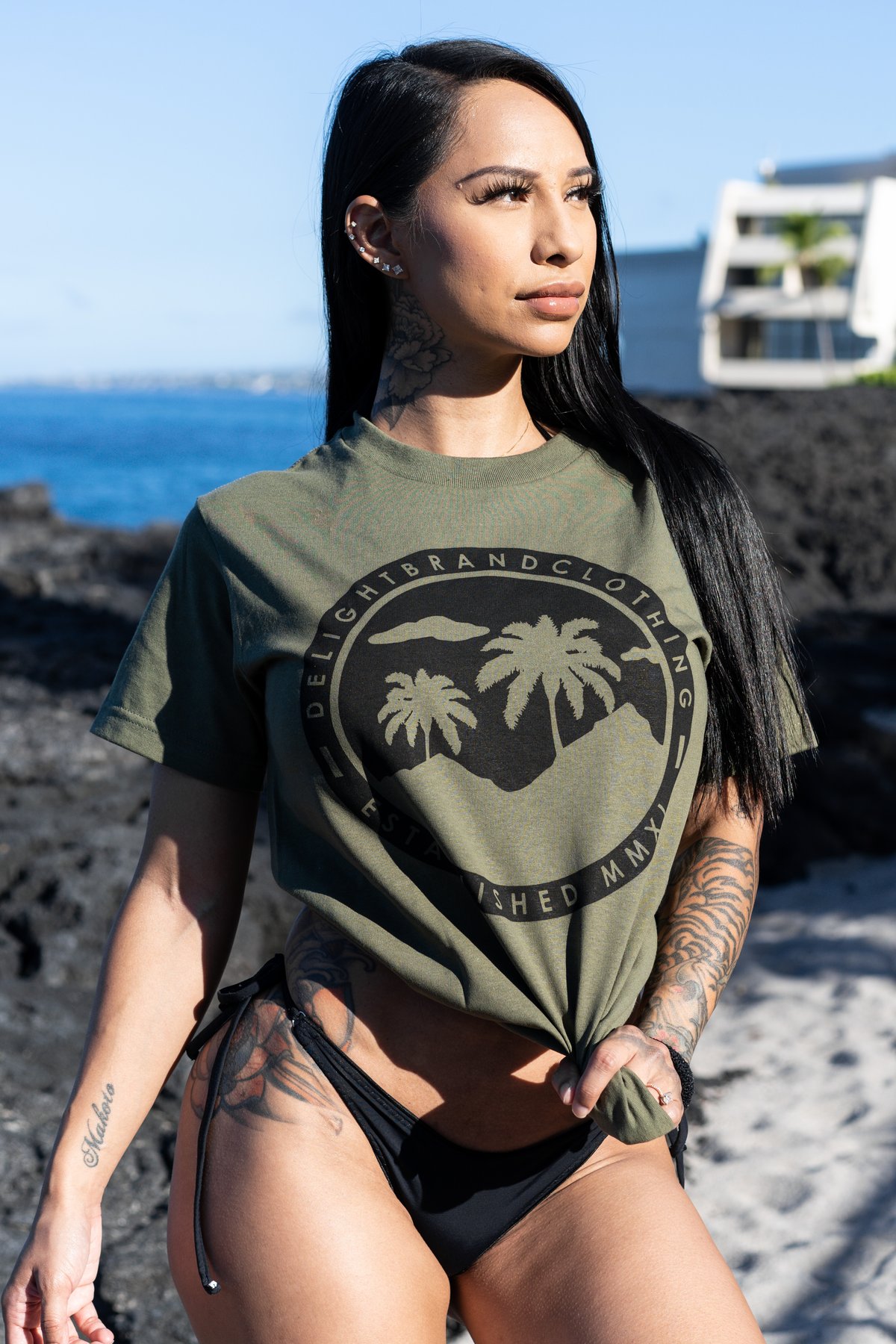 Throwback Delight Stamped Military Green T-shirt