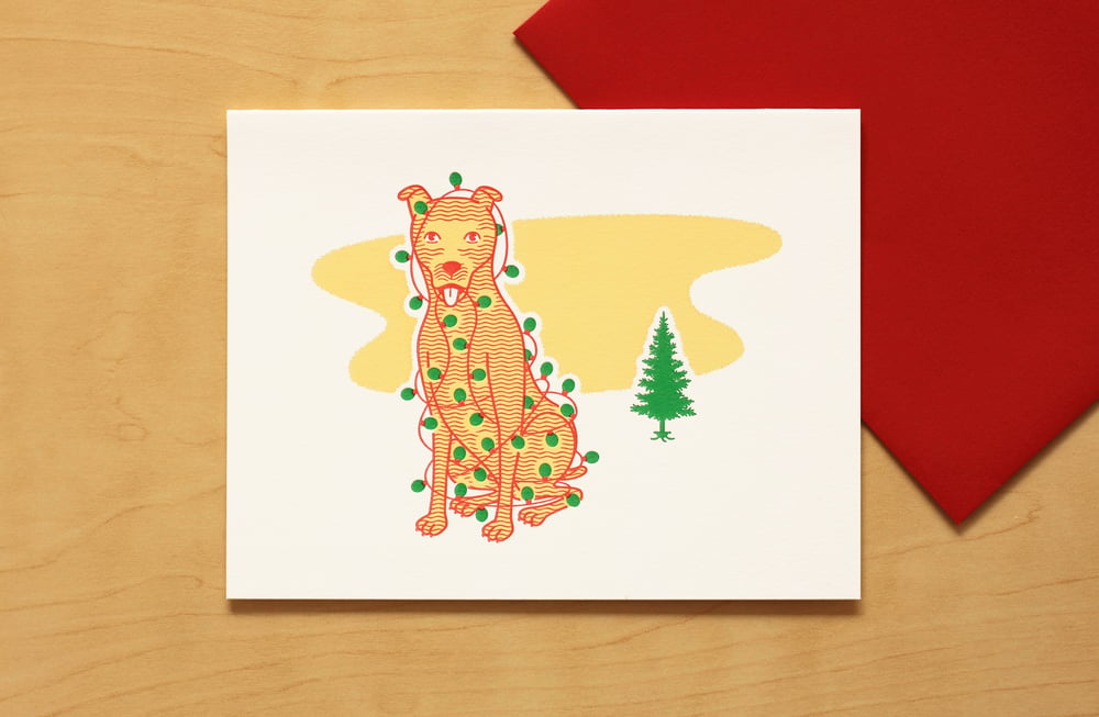 Image of Christmas Dog with Tree Lights Card