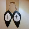 Black leather drop cross earrings