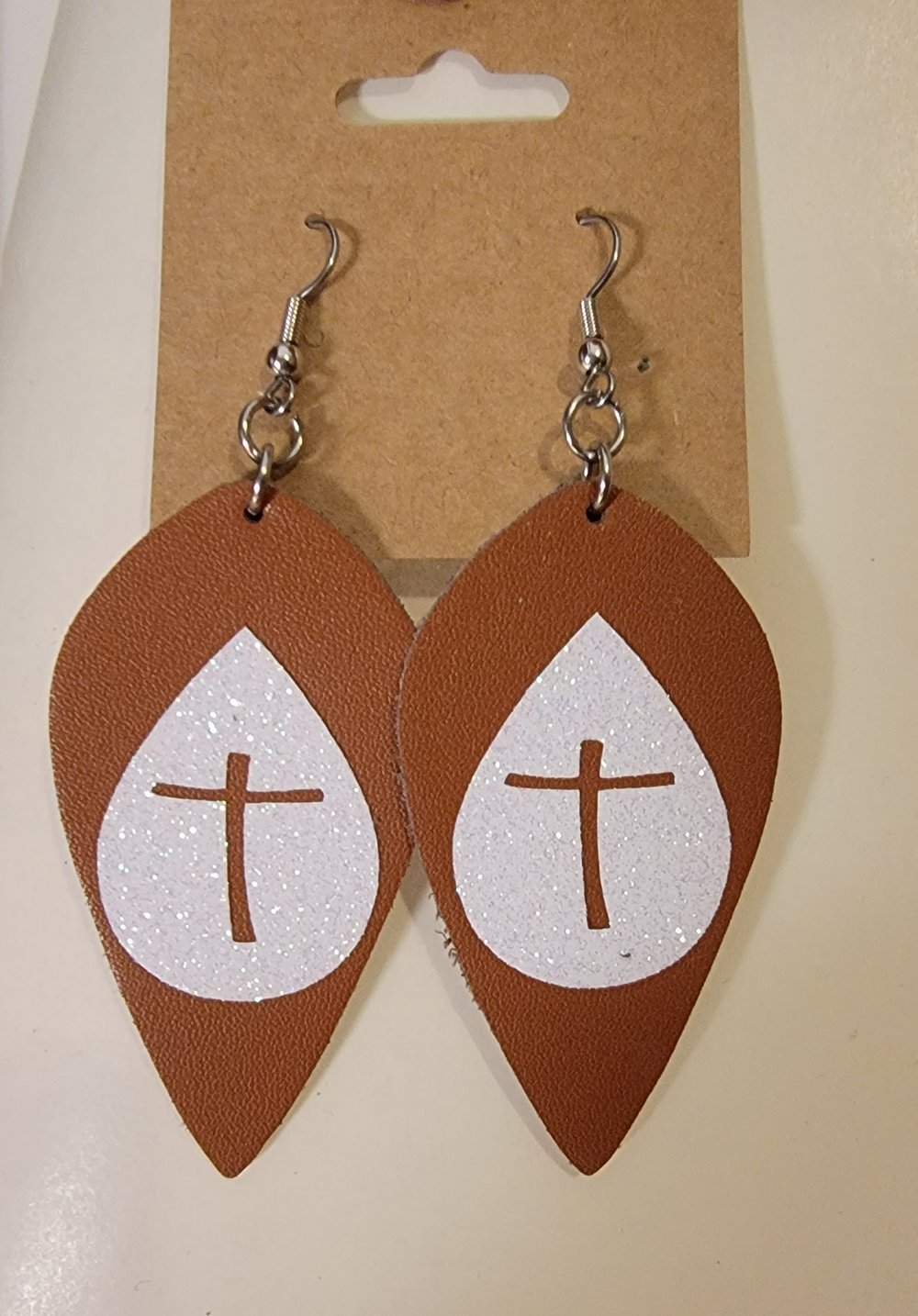 Brown Drop Leather Cross Earrings