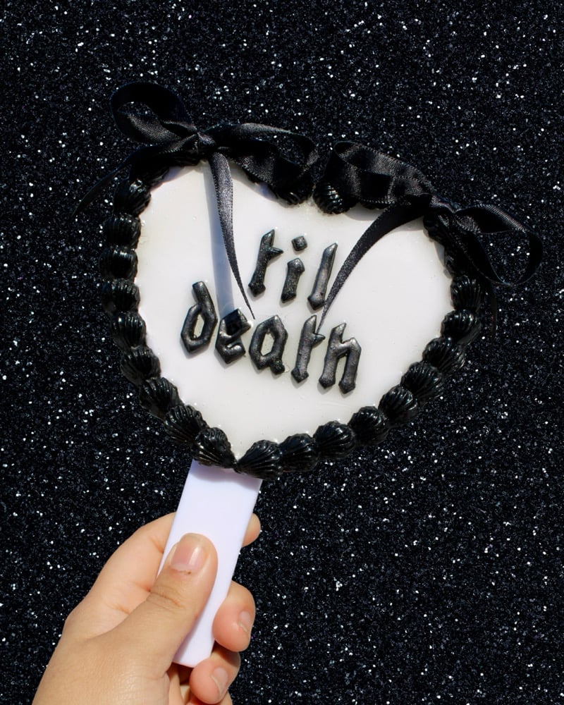 Image of White and Black VDay Cake Handheld Mirror
