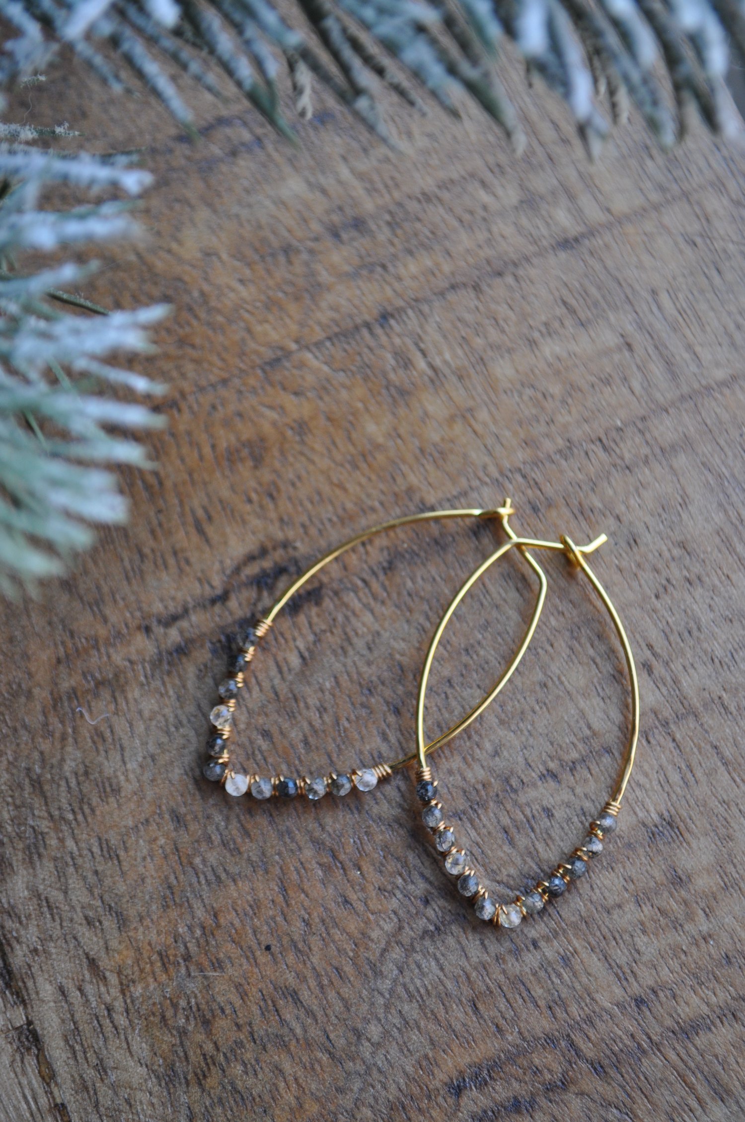 Image of Small Marquise Hoops in Black Rutilated Quartz