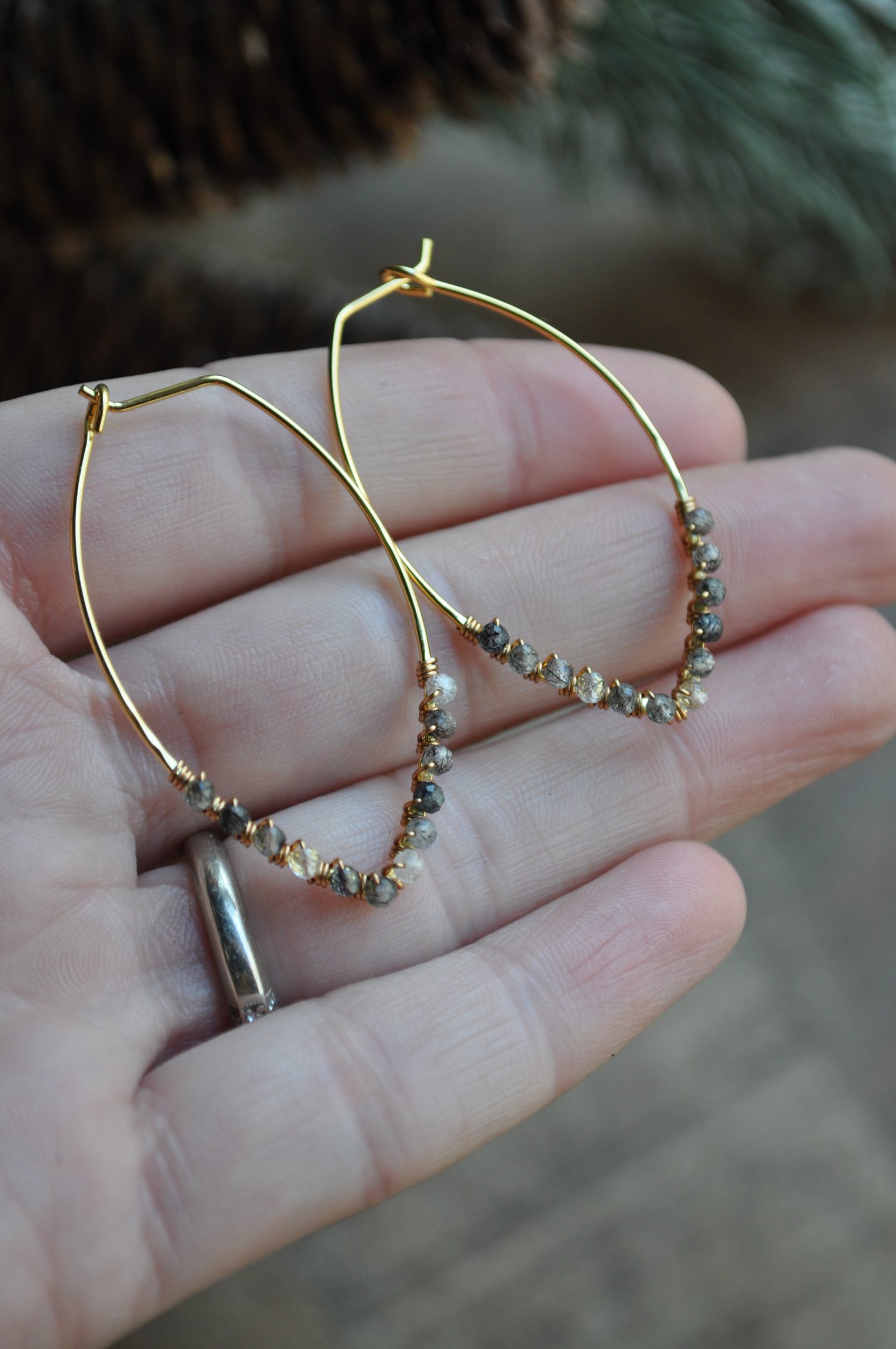 Image of Small Marquise Hoops in Black Rutilated Quartz