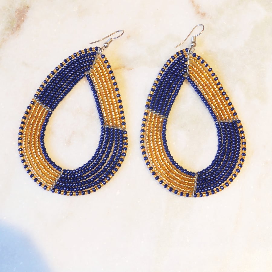 Image of Blue and Gold Zulu Oval Earring