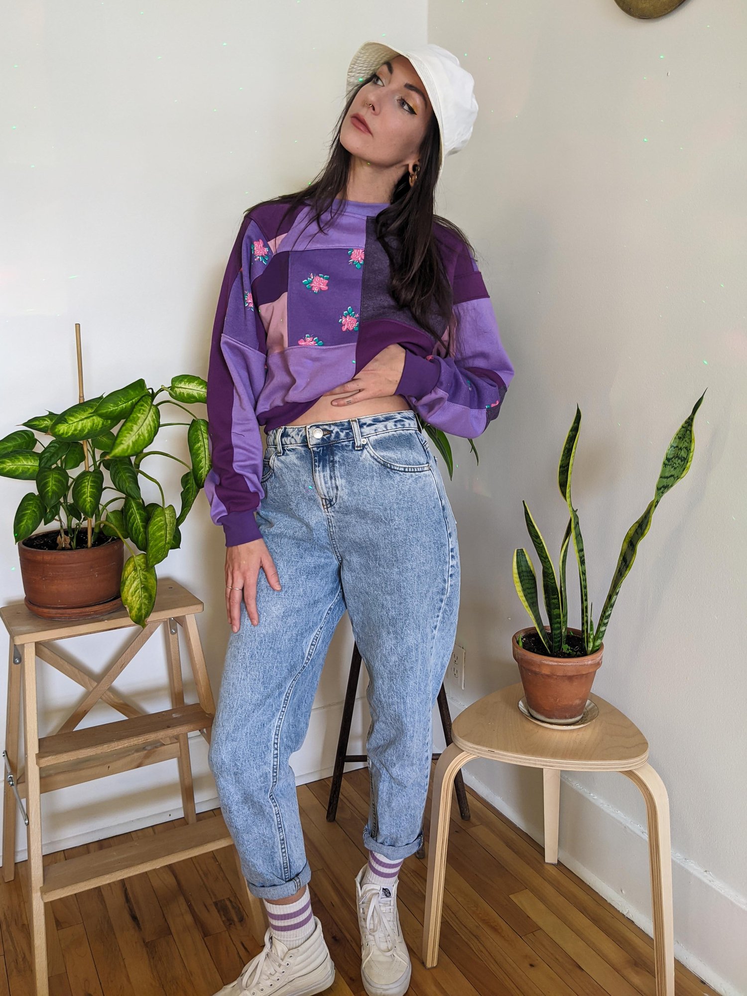 Image of OAK Women's L Purple Patchwork Up-Cycle Crop Crewneck