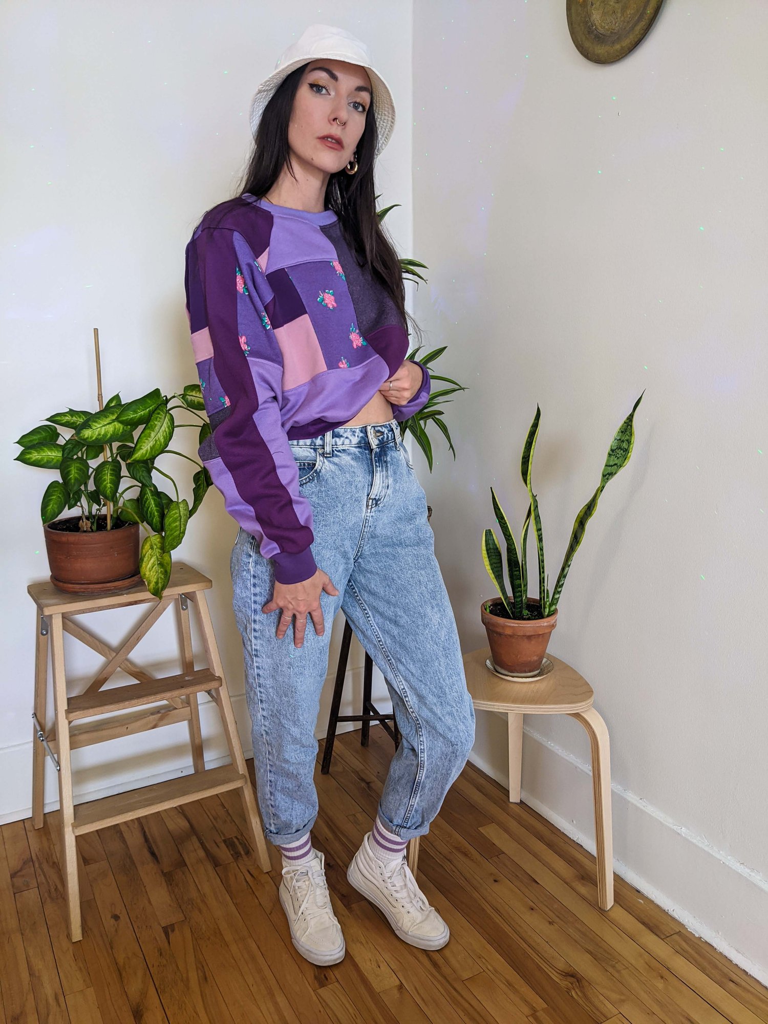 Image of OAK Women's L Purple Patchwork Up-Cycle Crop Crewneck