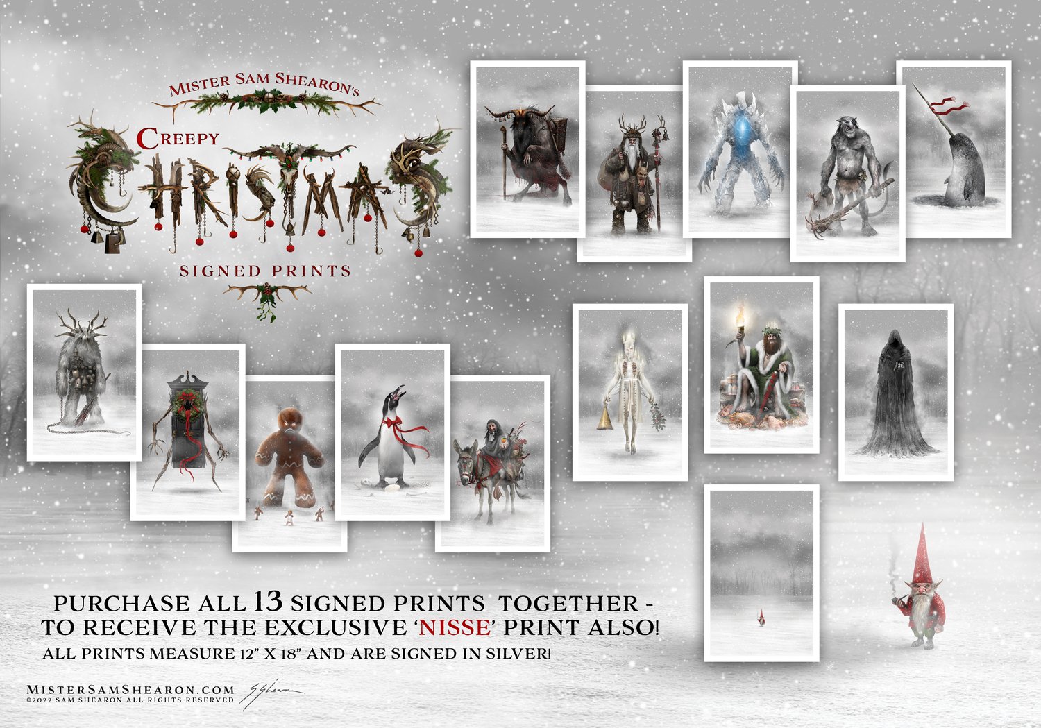 ALL 13 OF SET THREE CREEPY CHRISTMAS PRINTS - TOGETHER!