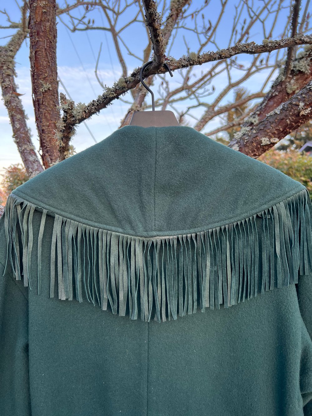 Vintage Green Lorovi Wool & Leather Fringe Coat (L)