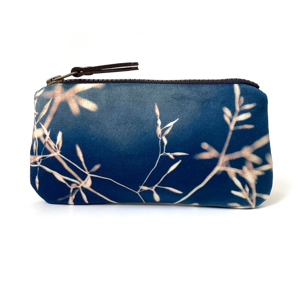 Image of Blue twiggery grasses, velvet zipper bag + plant-dyed lining