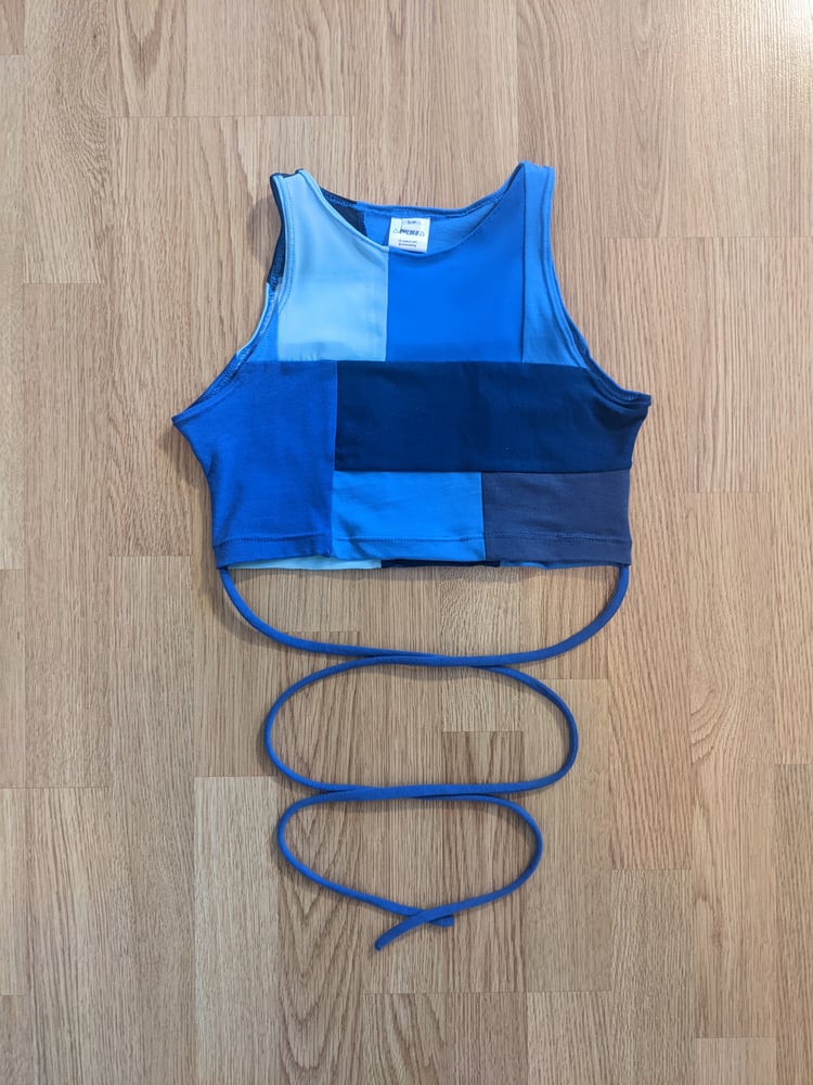 Image of First Sample Small Blue Patchwork Tie Crop